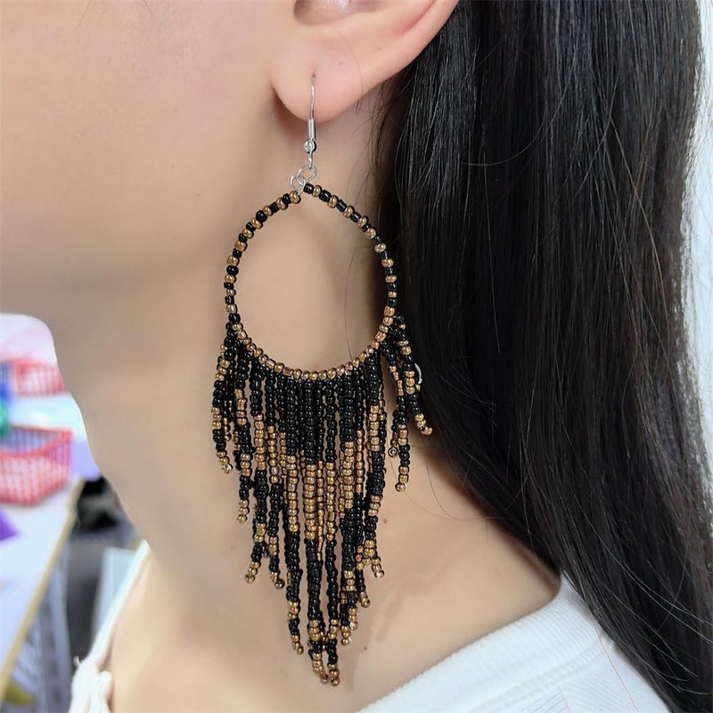 Dtja Boho Long Fringe Drop Dangle Statement Earrings for Women Girls Hademade Ball Beads Hoop Tassel Chain Woven Dangling Hook Chandelier Tribal Exaggerated Dream-catcher Jewelry - Image 1